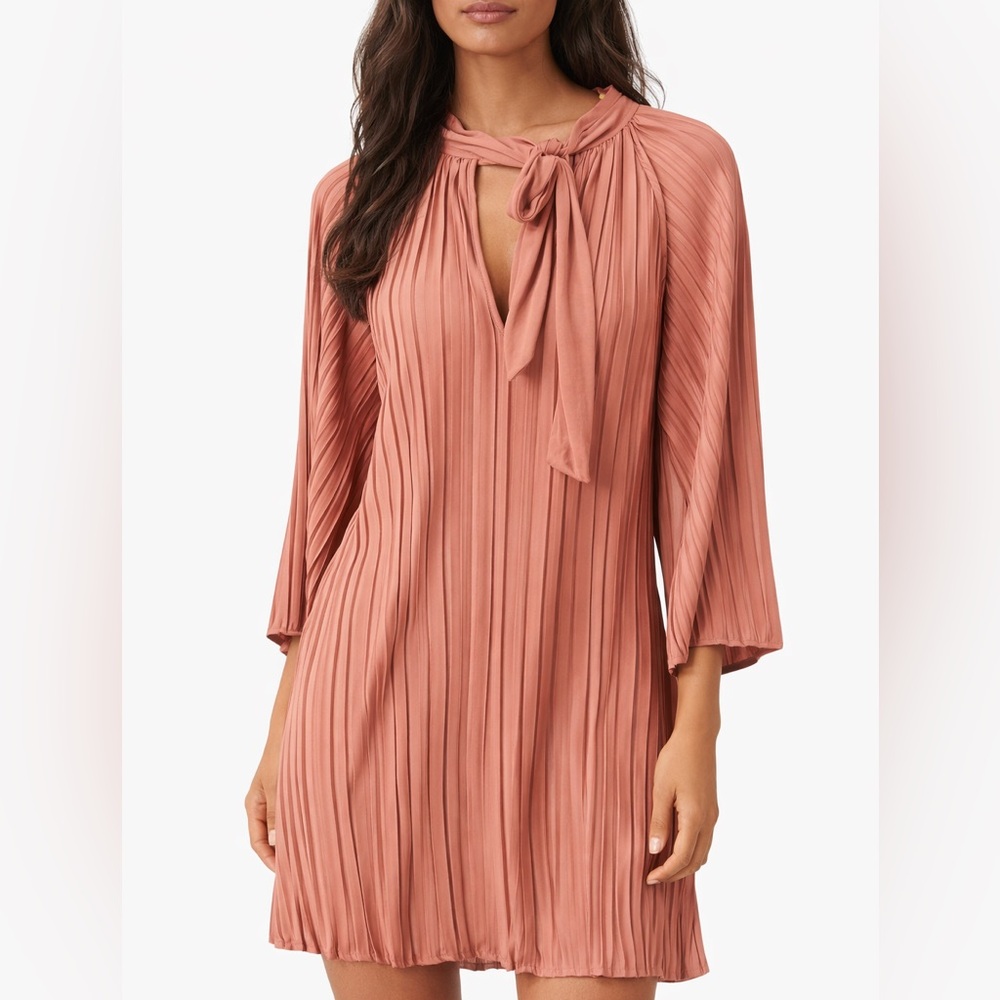 NWT ZARA Pleated Tie-Neck Long Sleeve Dress - Dusty Rose